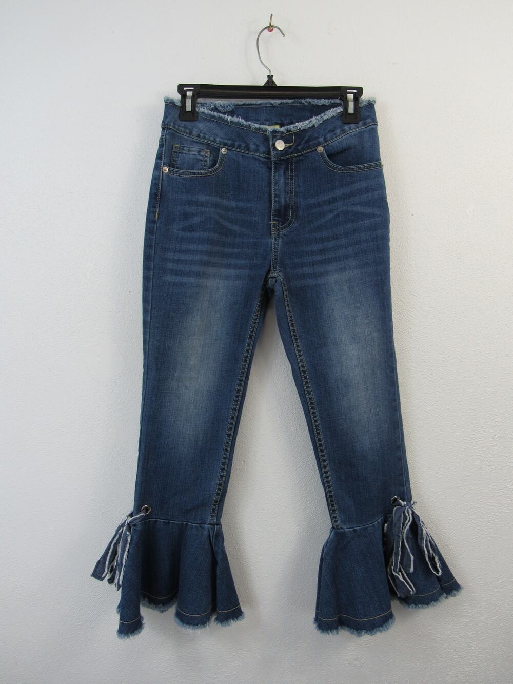 Gianni Bini Small Dark Blue Denim Wide Flare Jeans Cropped Raw Hems Tie Bow